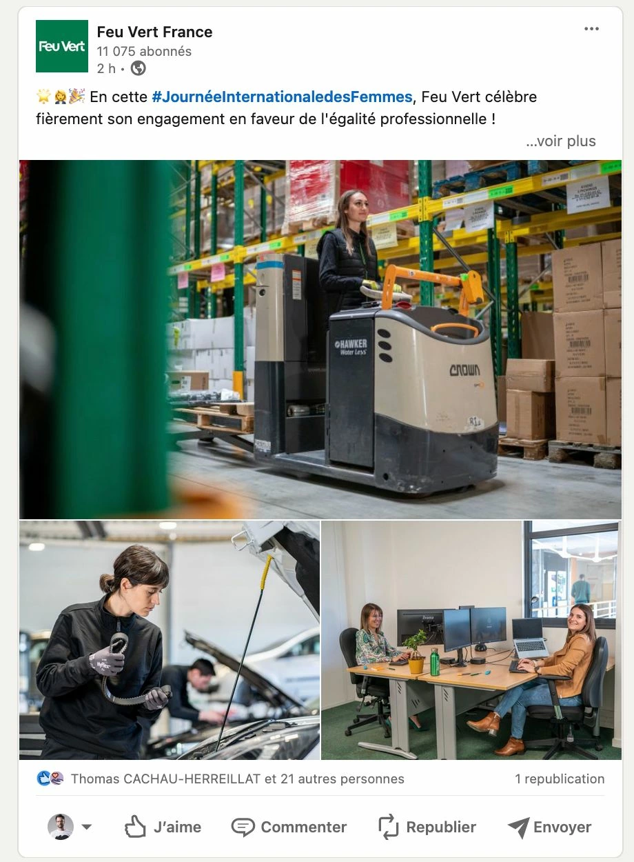 Exemple de post LinkedIn Feu Vert Utilisant nos Photos 2 Triptyque présentant la logistique d'un entrepôt, l'inspection d'une automobile et le travail d'équipe dans un bureau lors d'un reportage de Feu Vert France.