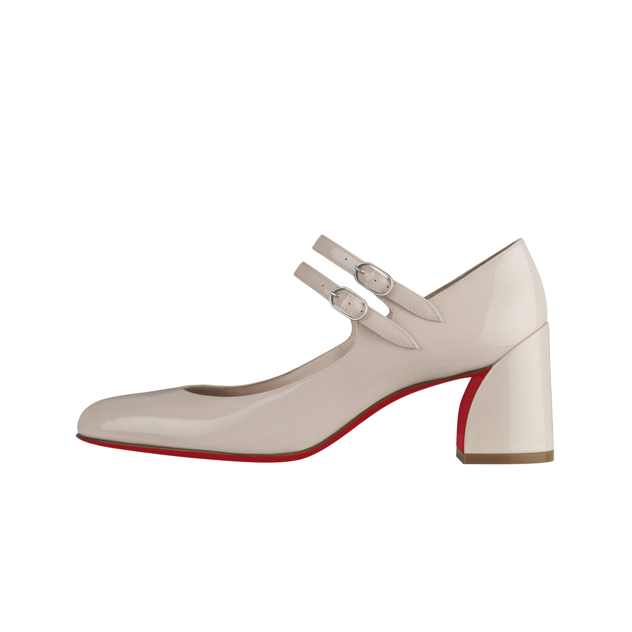 Talon Mary Jane en cuir verni beige avec bout arrondi, double boucle, talon bloc et semelle rouge sur fond blanc sans couture.