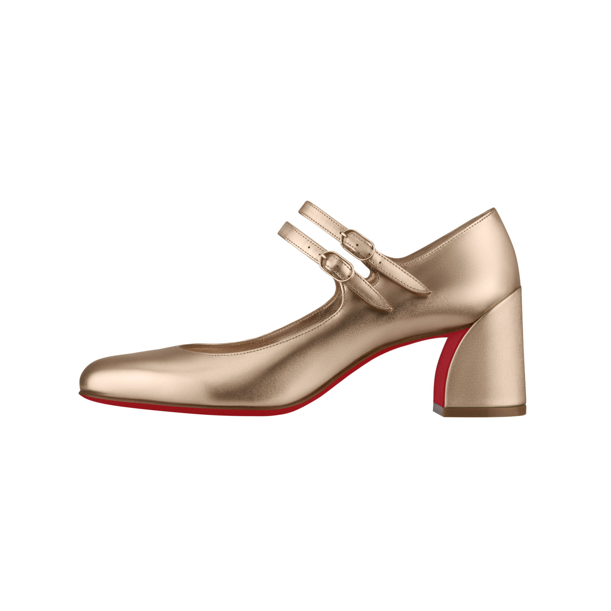 Chaussure Mary Jane en or métallisé avec doubles brides, fermetures à boucle, bout arrondi, talon bloc et semelle rouge de profil latéral sur fond blanc.
