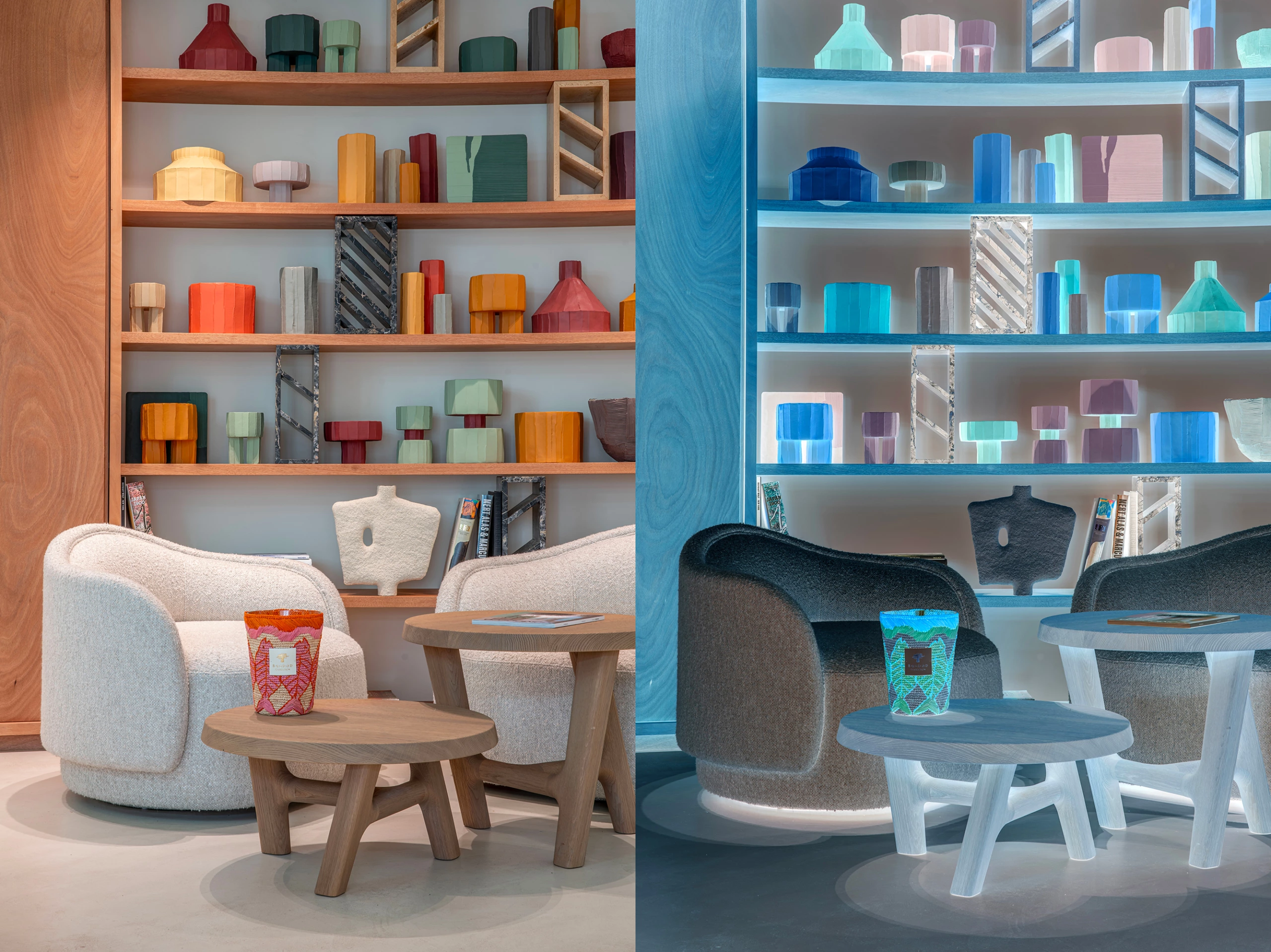 Salon moderne composé de deux chaises rondes, de tables en bois emboîtées et d'étagères géométriques ; le côté droit montre un filtre de couleur Négatif.