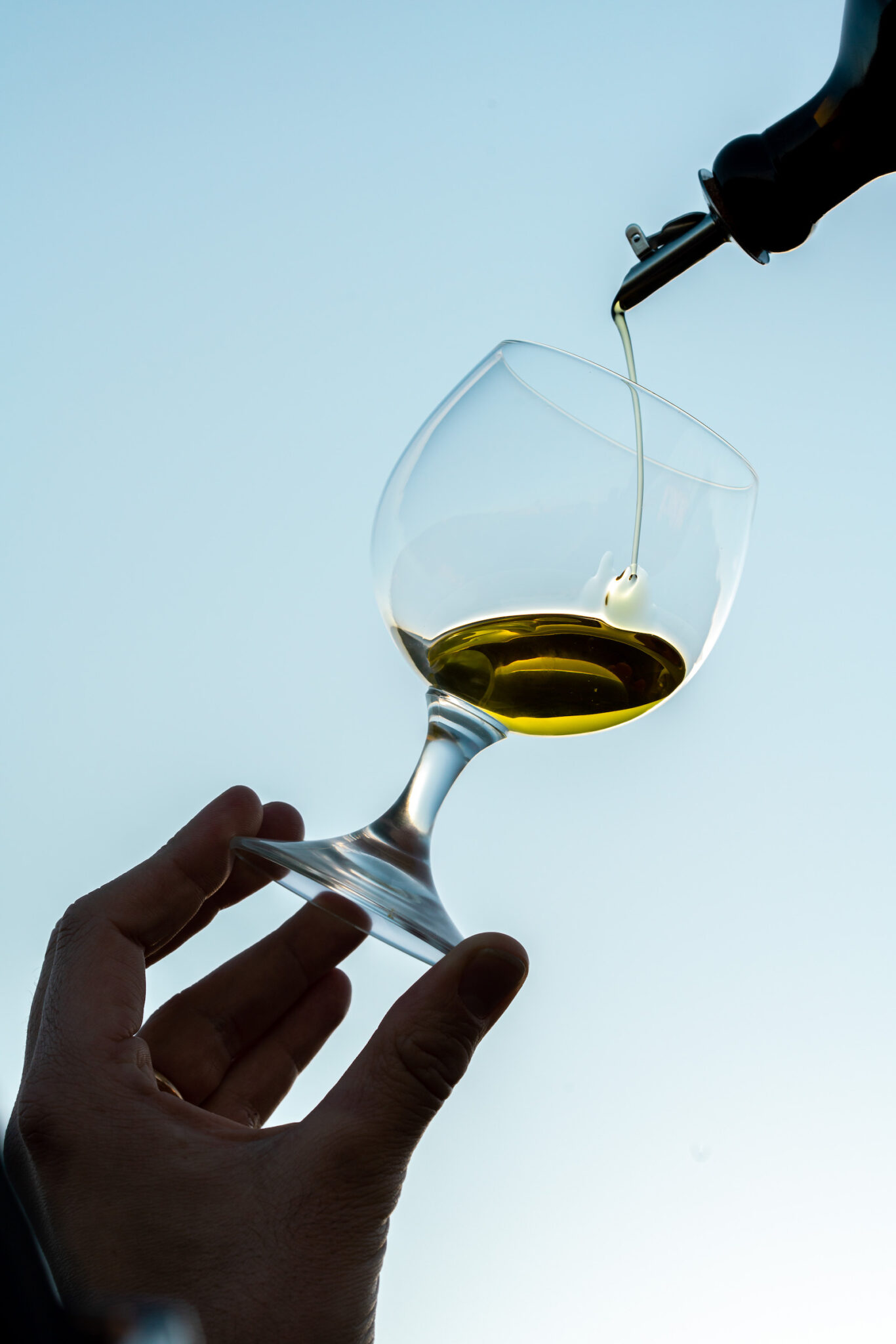Portrait Metier Olivier & CO 5 Une main incline un verre de vin tandis que l'huile d'olive est versée, sur fond de ciel bleu, capturé en haute résolution pour un usage professionnel.