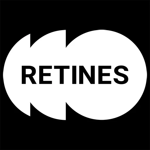Fond noir avec deux ovales blancs superposés, l'ovale gauche étant entaillé. La mention "RETINES" en caractères noirs gras est centrée et met en évidence la marque.