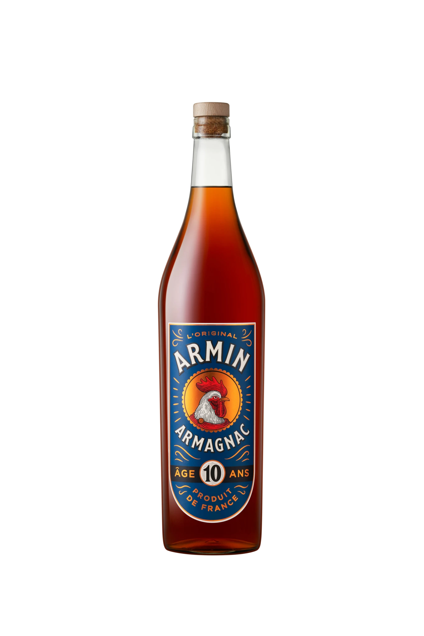 ARMIN 10 ANS 3L Photo de studio d'une grande bouteille d'Armagnac Armin avec bouchon, étiquette bleue affichant un coq et "10 ans Produit de France", liquide ambré profond.