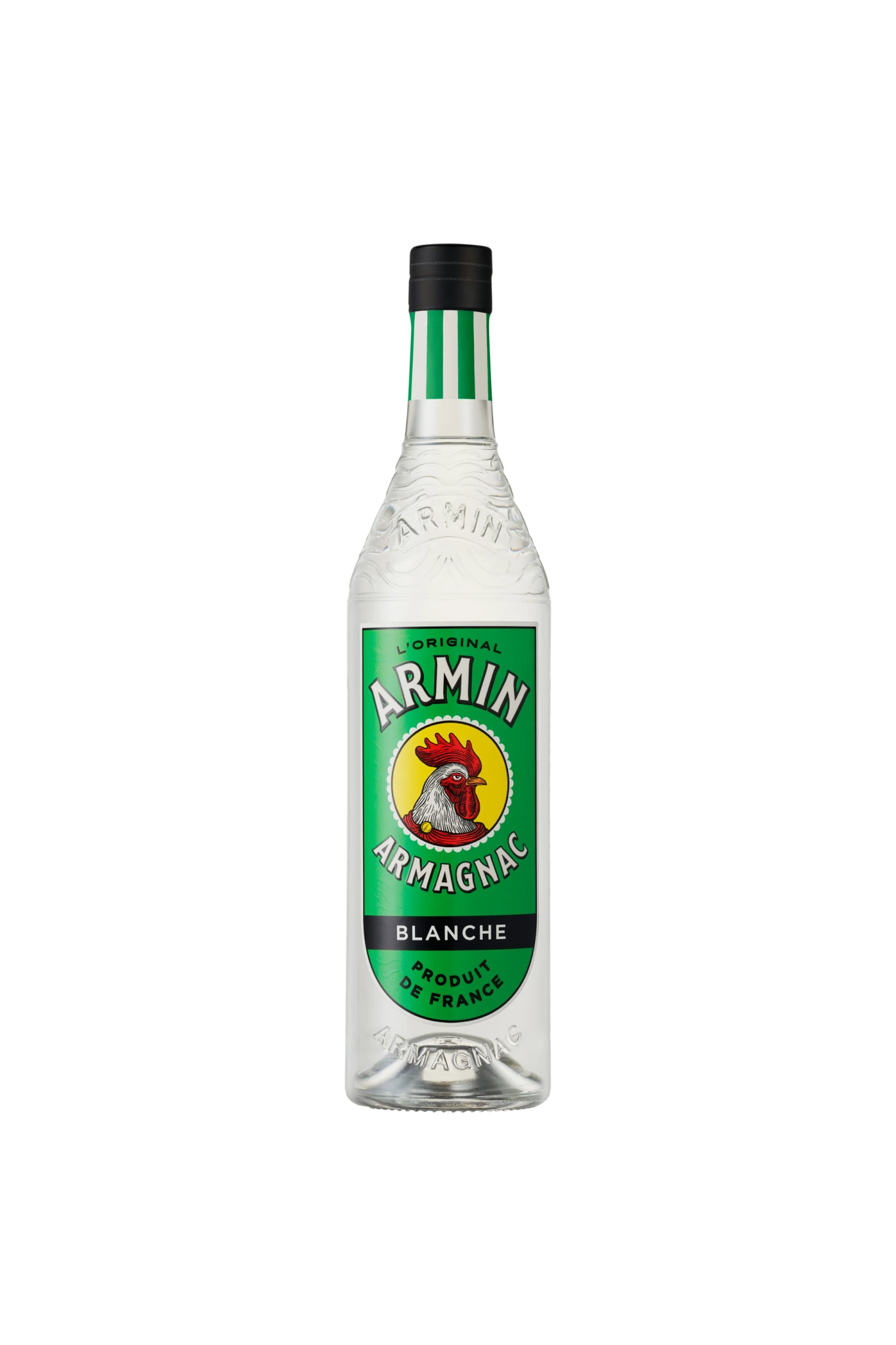 Bouteilles d'Armagnac Blanche dans un verre transparent, étiquette verte avec accents dorés et noirs, logo du coq et détails en relief.
