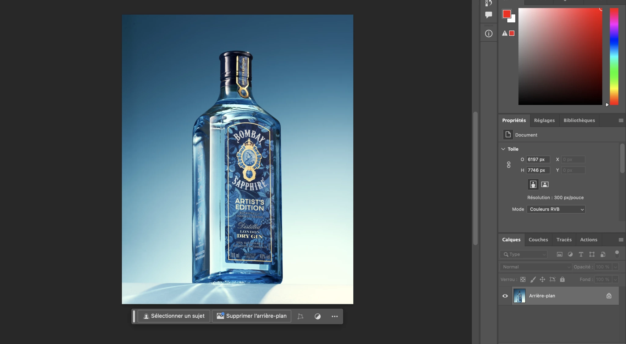 Image de l'outil photoshop avec une bouteille de Bombay