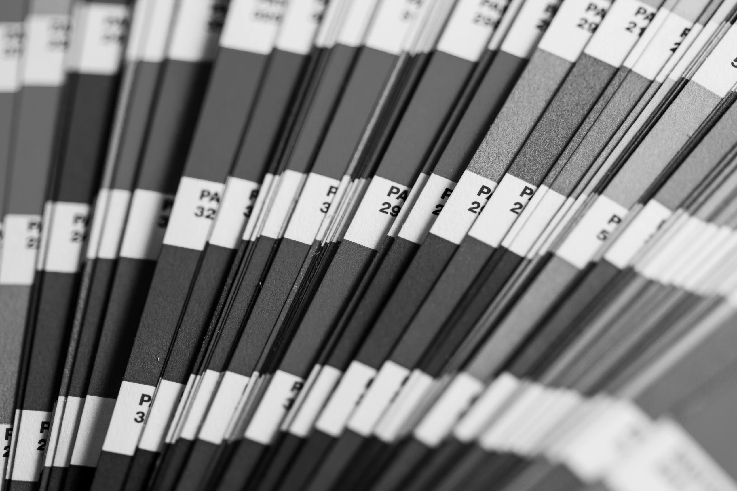 Photo en gros plan, en noir et blanc, de cartes de couleurs Chartes de Gris ou de Couleur, disposées en éventail et étiquetées avec des codes pour l'étalonnage des couleurs.