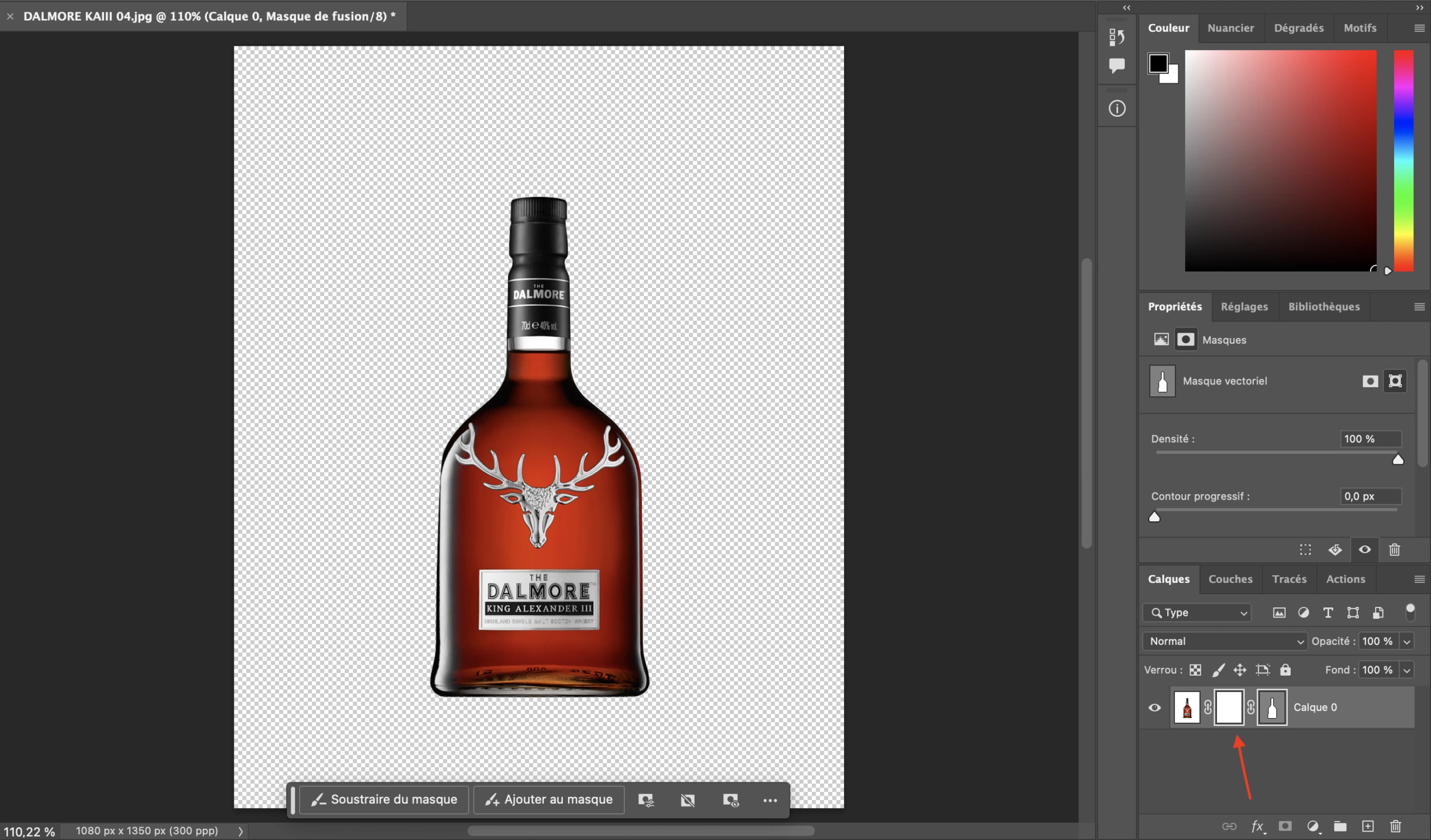 Masque de fusion de photoshop sur la bouteille Dalmore