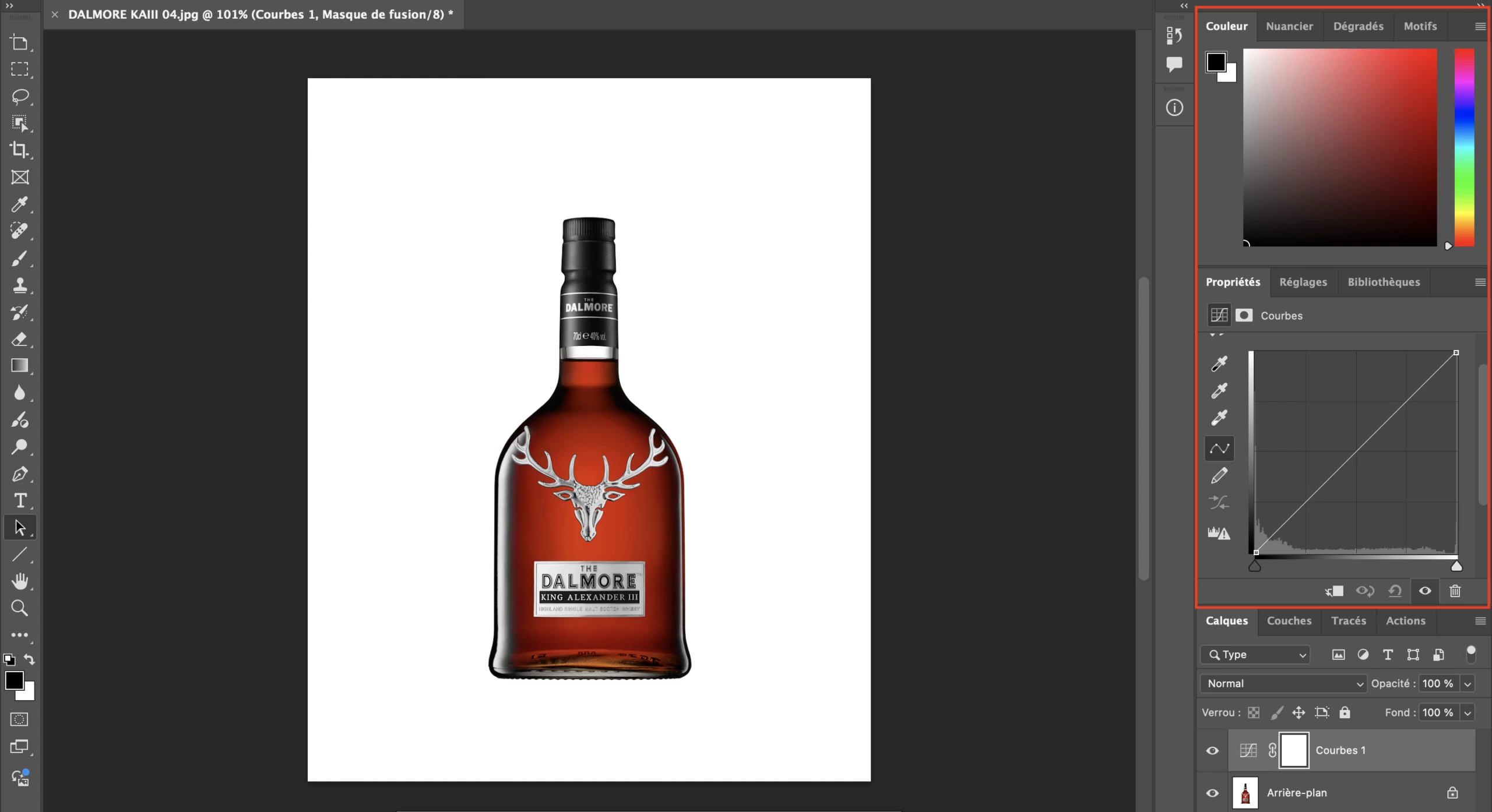 Capture d’écran Photoshop d'une retouche sur la bouteille Dalmore