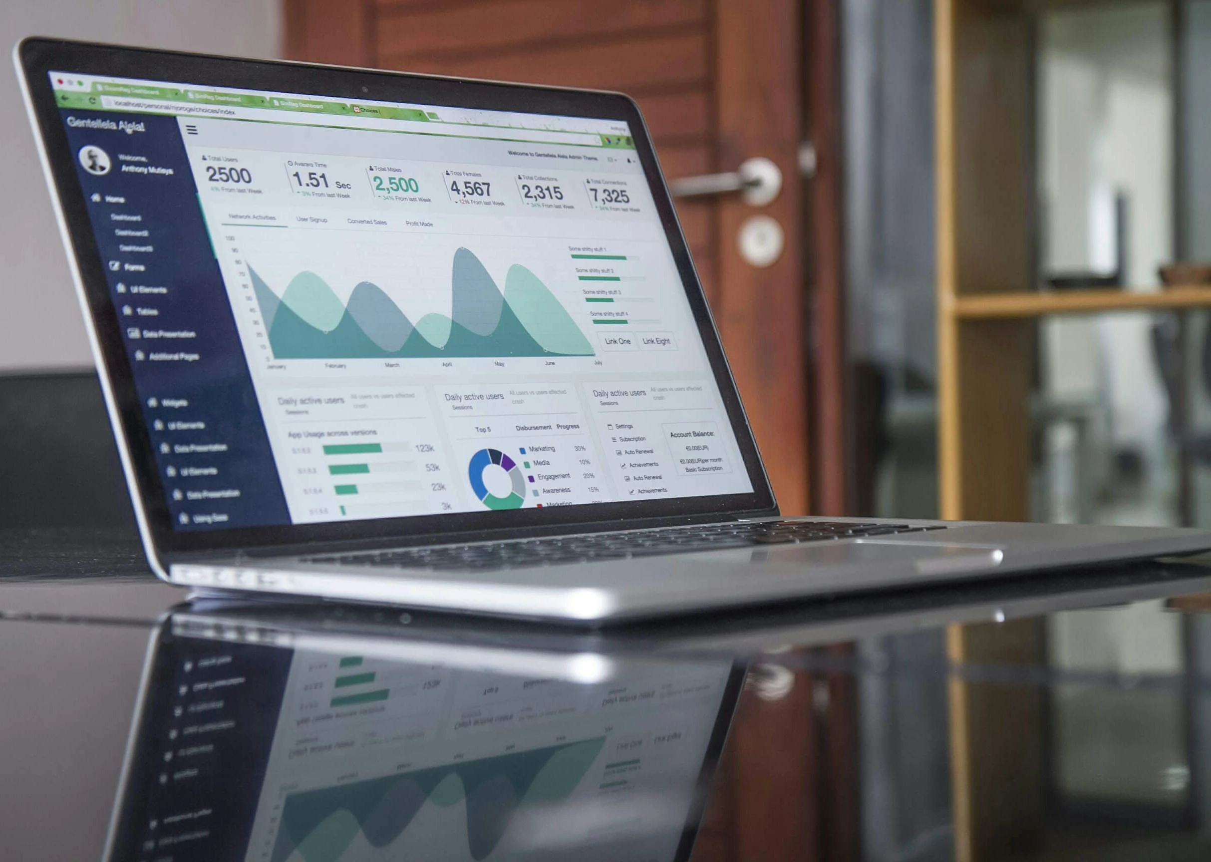 Un ordinateur portable avec un tableau de bord d'analyse commerciale sur L'optimisation pour le WEB, placé sur une table en verre dans un bureau moderne, éclairage de studio.
