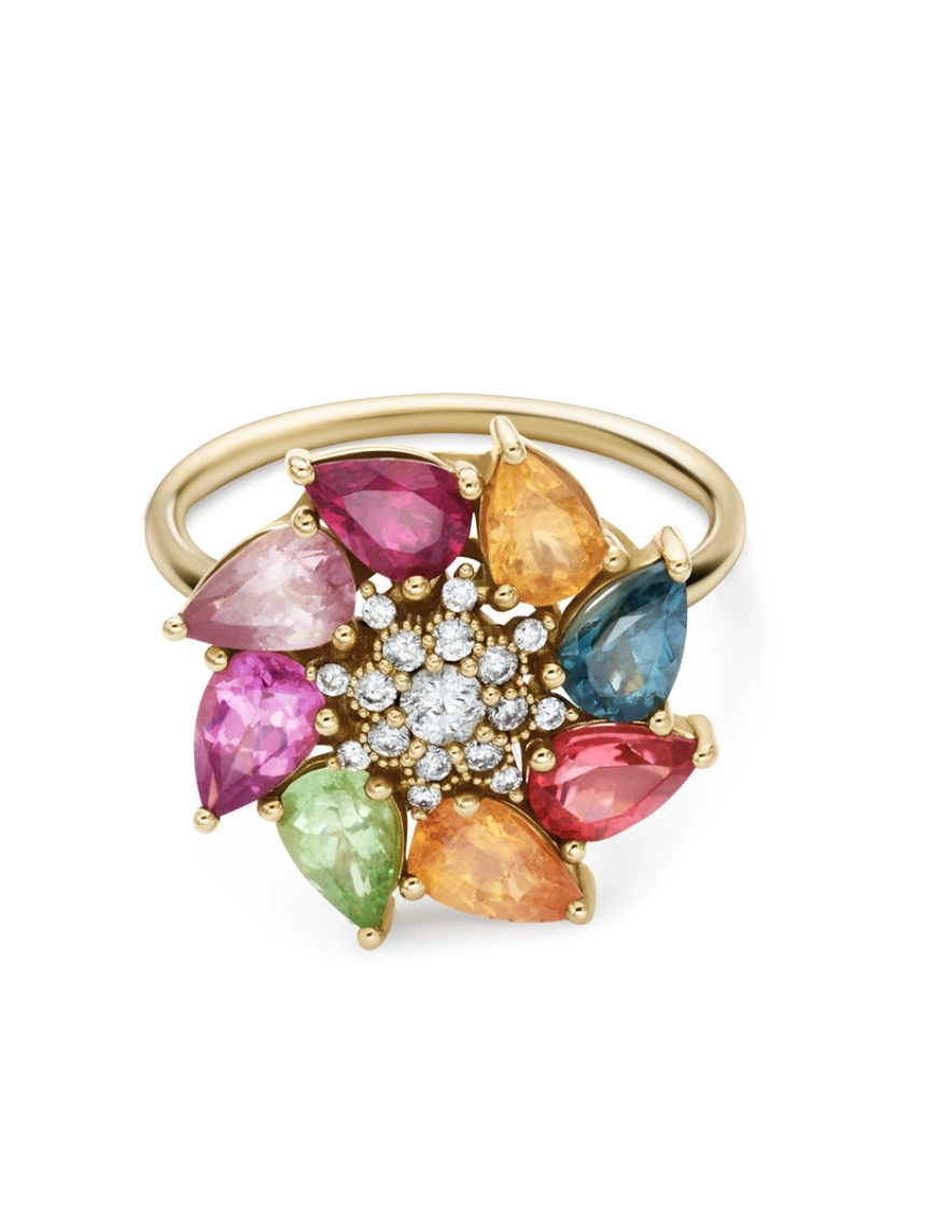 Bague en or ornée de pierres précieuses colorées disposées en forme de fleur.