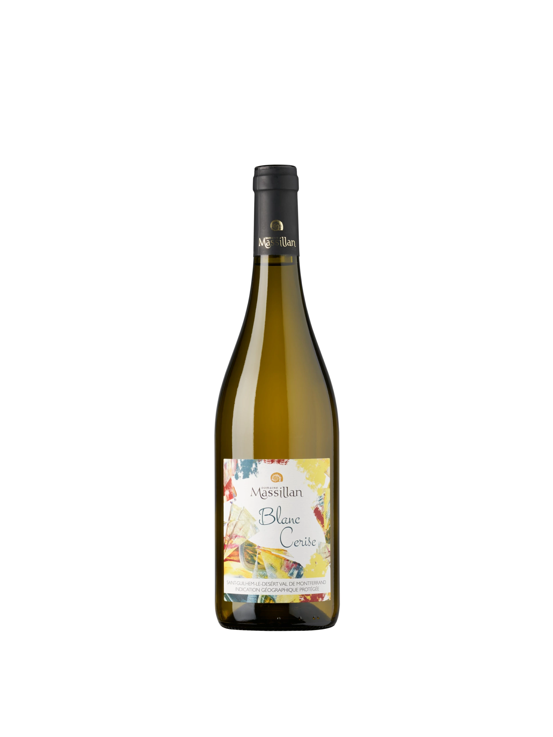 Packshot Catalogue Vins Basique 01 Photographie de produit en studio d'une bouteille de vin blanc Massillan Blanc Cerise avec un bouchon noir et une étiquette abstraite sur un fond blanc uni.