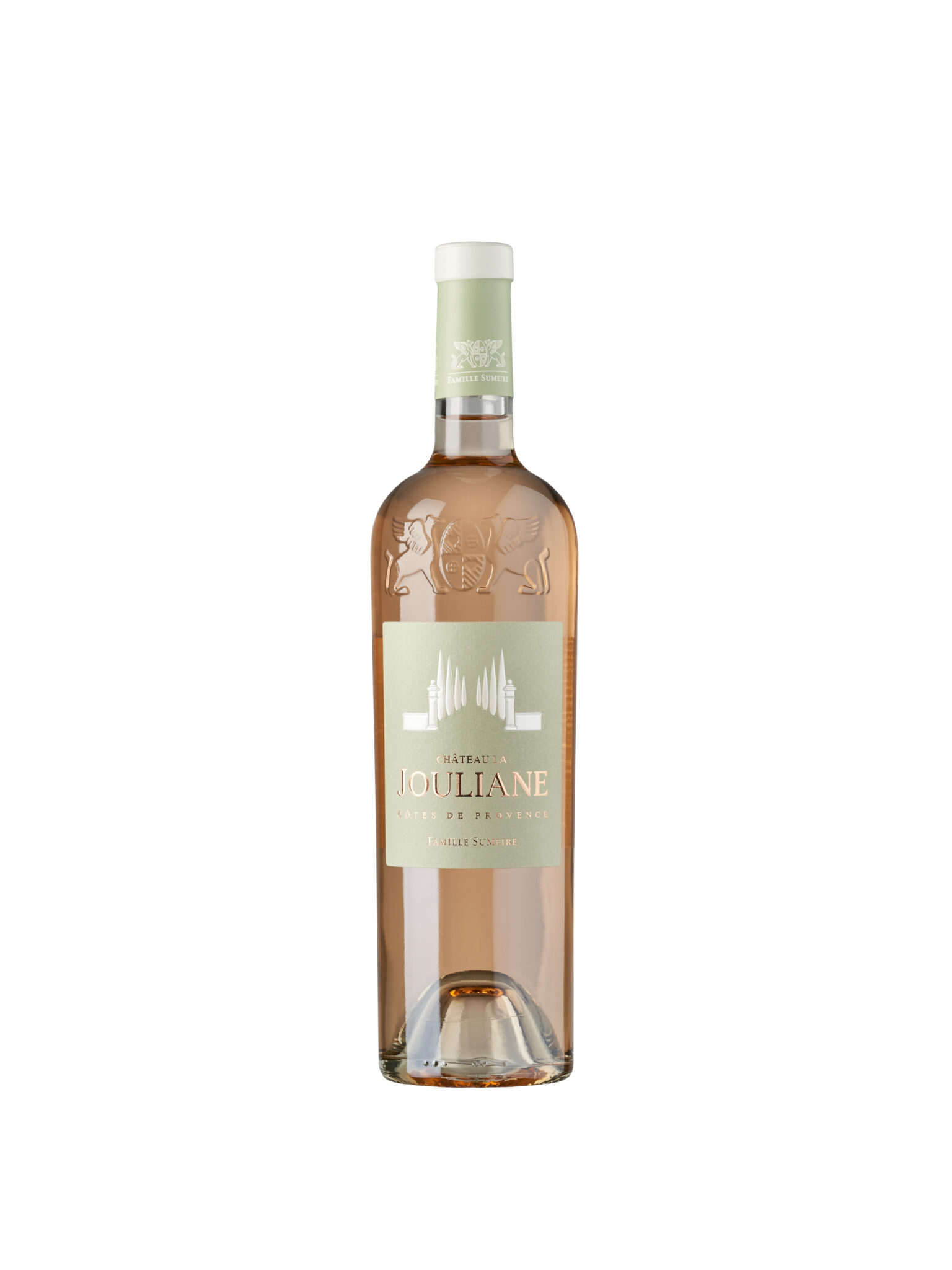 Packshot Catalogue Vins Basique 04 Bouteille de rosé Château Joullian Côtes de Provence avec étiquette et bouchon vert pâle, debout sur un fond blanc de studio pour la photographie de packshot.