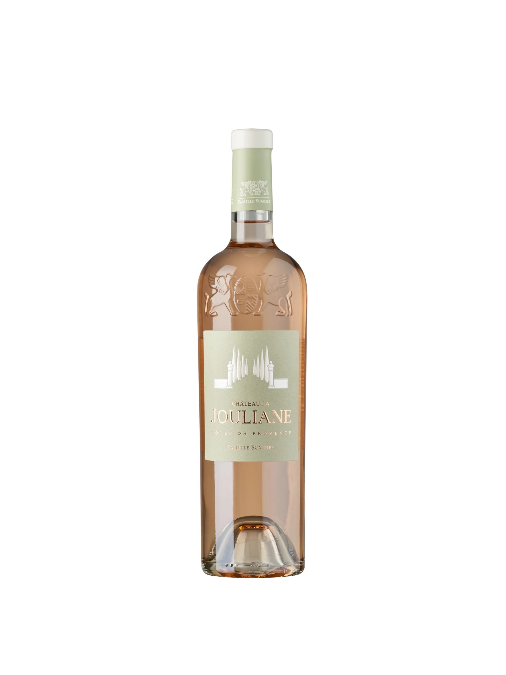 Packshot Catalogue Vins Basique 04 Bouteille de rosé Château Joullian Côtes de Provence avec étiquette et bouchon vert pâle, debout sur un fond blanc de studio pour la photographie de packshot.