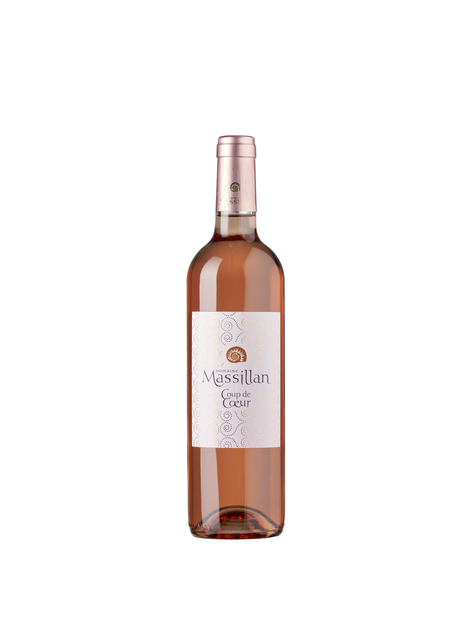 Packshot Catalogue Vins Basique 05 Bouteille de vin rosé Massillan Coup de Coeur avec bouchon rose et étiquette blanche sur fond blanc sans couture, présentée comme une photo de studio.