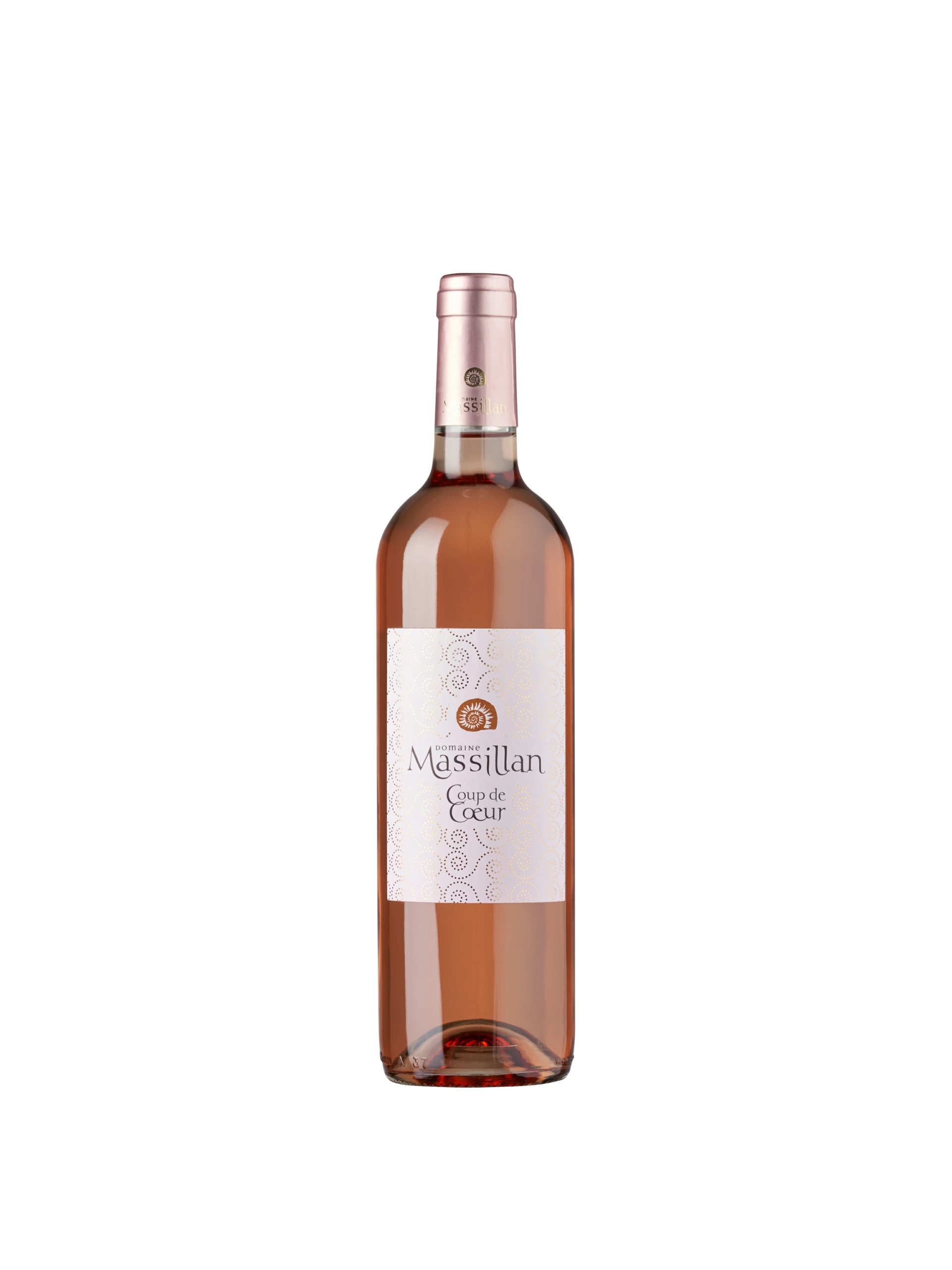 Packshot Catalogue Vins Basique 05 Bouteille de vin rosé Massillan Coup de Coeur avec bouchon rose et étiquette blanche sur fond blanc sans couture, présentée comme une photo de studio.