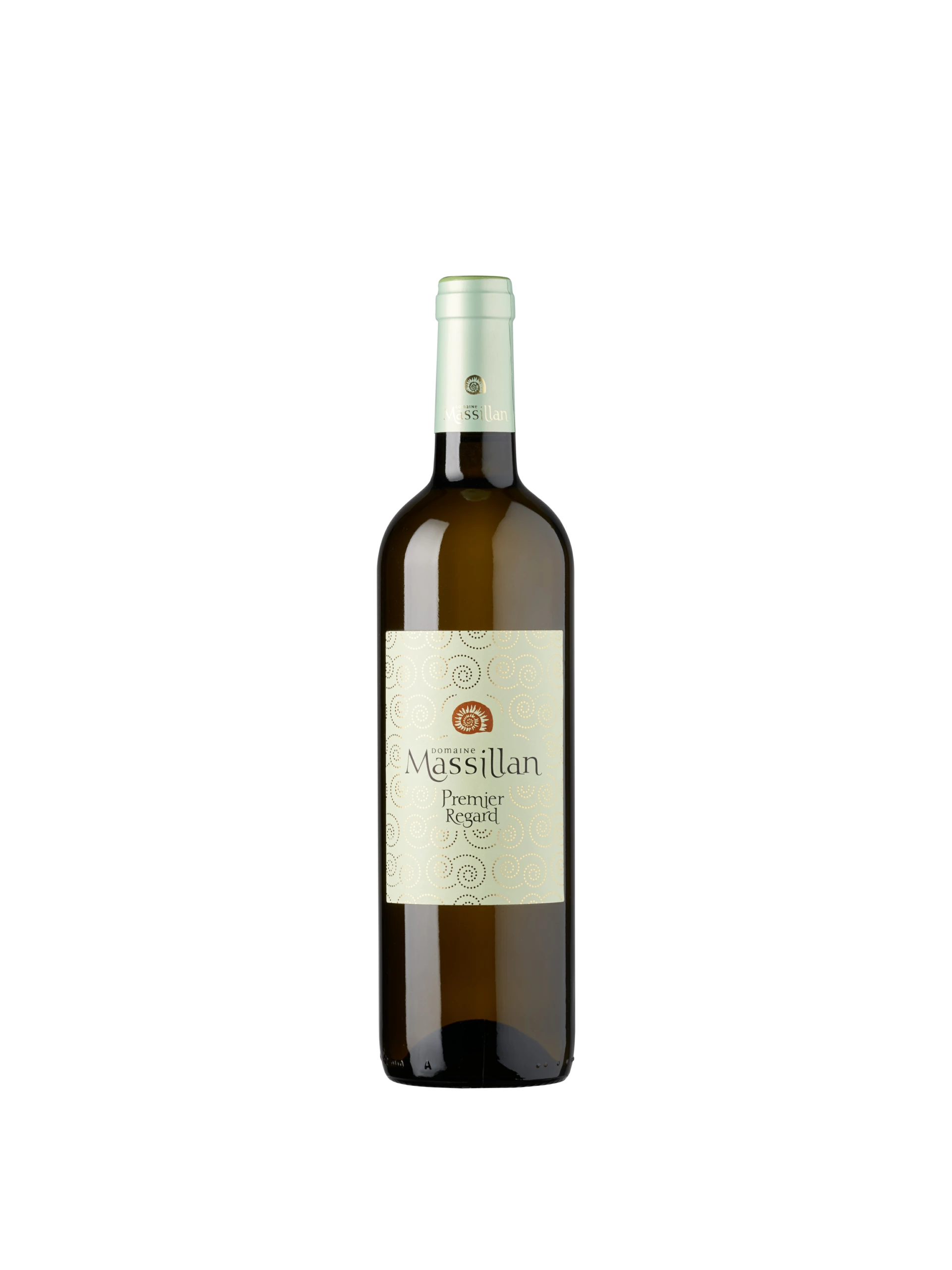 Packshot Catalogue Vins Basique 06 Bouteille de vin blanc Massillan Premier Regard à la verticale sur fond de studio blanc sans couture, bouchon vert pâle, étiquette crème avec tourbillons, packshot.
