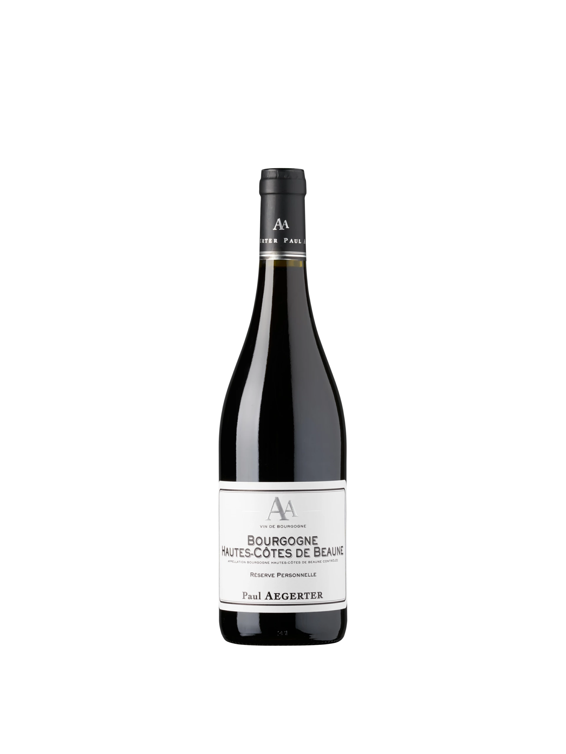 Packshot Catalogue Vins Basique 10 Paul Aegerter Bourgogne Hautes-Côtes de Beaune bouteille de vin rouge avec un bouchon noir, cliché de studio sur un fond blanc sans couture.