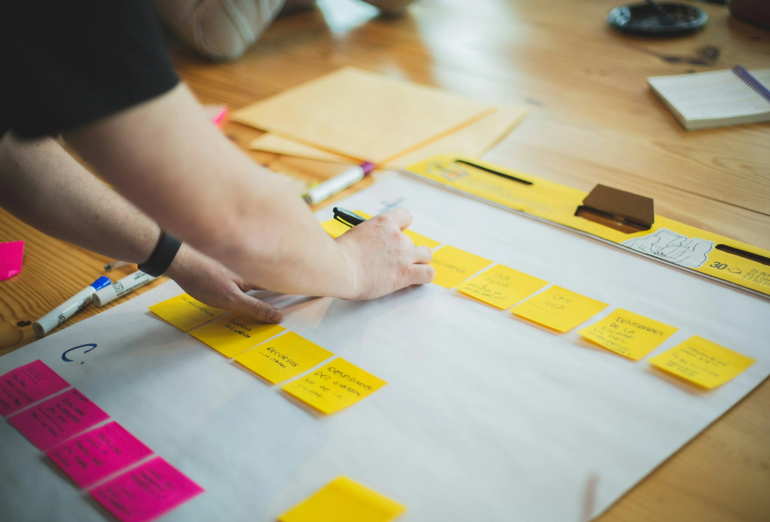 Photo de studio montrant des mains organisant des notes autocollantes jaunes sur un tableau d'humeur au-dessus d'une table en bois, avec des fournitures de bureau et des documents à proximité.