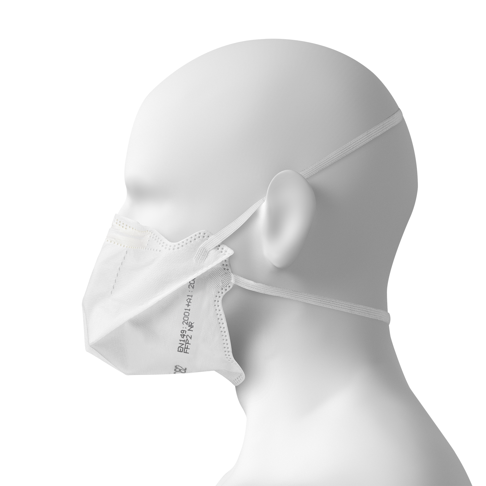 Savoy 20 – Masque chirurgical – FFP2 NR 02 + Mousse – Masque – Profil – EC1 501 Packshot d'un masque chirurgical FFP2 sur un mannequin