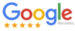 Logo de Google Reviews montrant "Google" en lettres multicolores, "Reviews" en gris, et cinq étoiles jaunes en dessous pour les évaluations des clients.