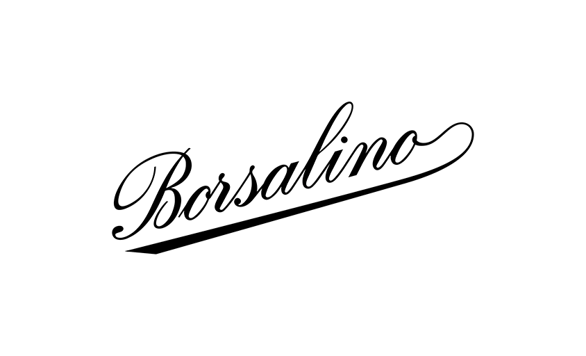 Borsalino" apparaît en lettres cursives noires avec un long soulignement horizontal, ce qui convient comme filigrane ou comme élément de marque dans la photographie.