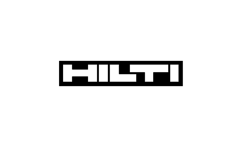 Le logo Hilti s'affiche avec des lettres majuscules géométriques blanches sur un fond rectangulaire noir solide, adapté à la photographie de marque.
