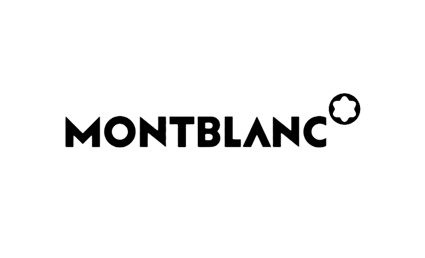 Logo Montblanc en police noire majuscule avec une étoile arrondie à six branches en haut à droite, sur fond blanc, adapté à la photographie de marque.