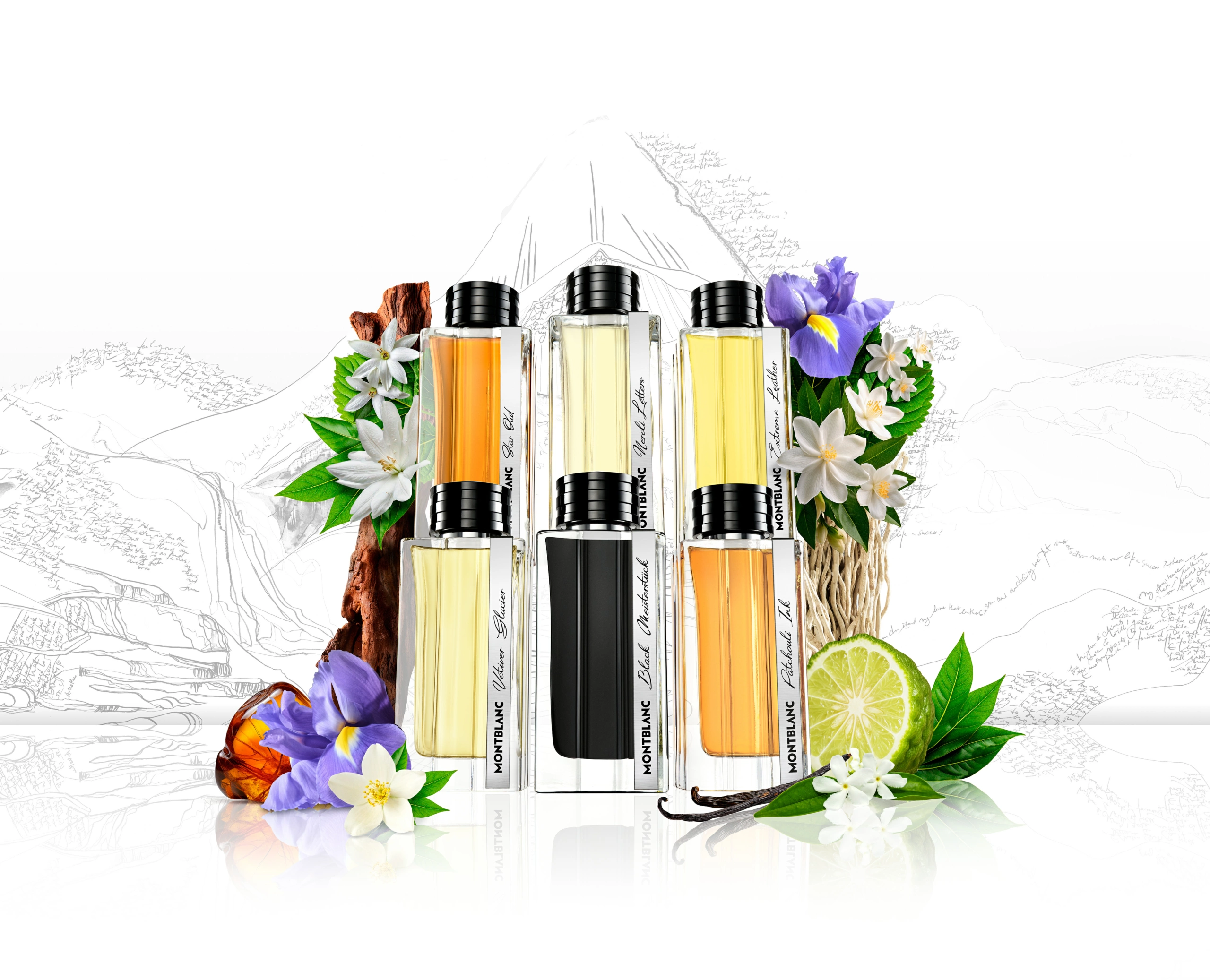 Six flacons de parfum Montblanc disposés sur deux rangées, photographiés sur un fond blanc orné d'une illustration discrète représentant une montagne, avec des éléments illustrés et réels (fleurs, morceaux de bois, gousses de vanille et quartiers d'agrumes) disposés autour des produits pour la photographie de produits.