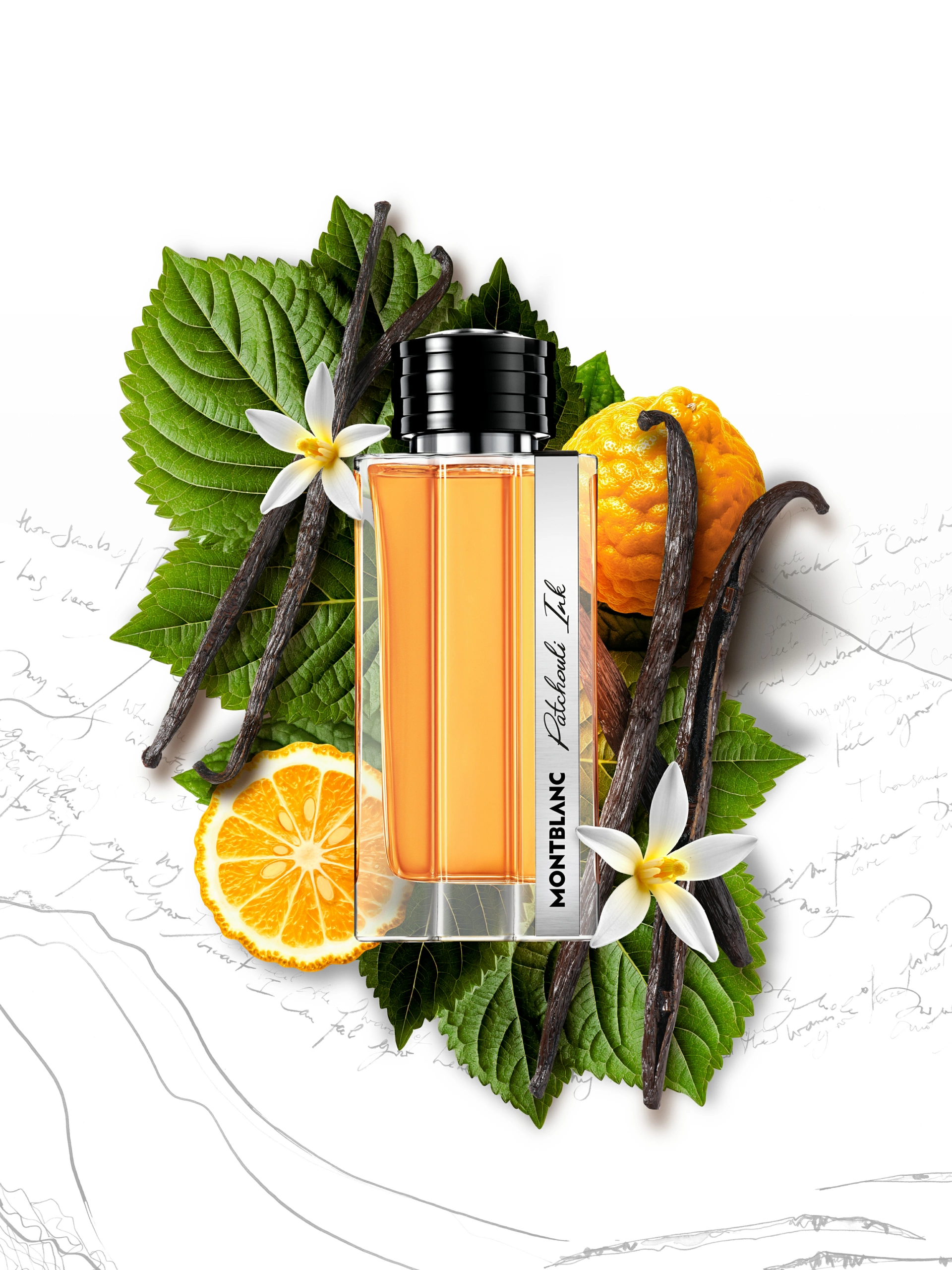 SOLO_MONTBLANC_PATCHOULI_INK_DEF Le flacon de parfum Montblanc Legend est placé au centre, entouré de feuilles vertes, de gousses de vanille, d'une rondelle d'orange, d'un agrume jaune et de fleurs blanches, sur un fond blanc agrémenté d'un texte manuscrit discret ; l'éclairage de la photographie de produit met en valeur chaque élément de manière homogène.