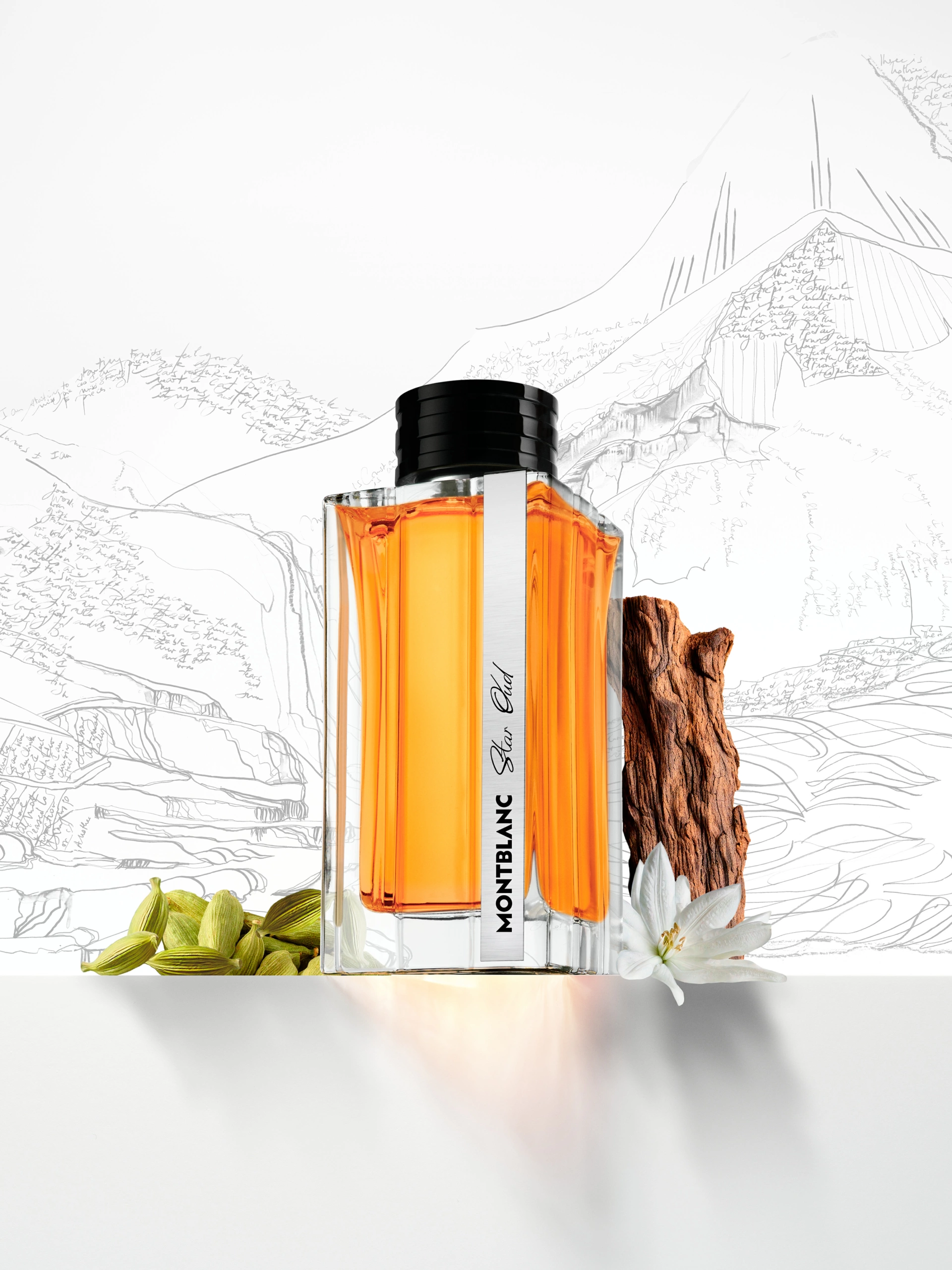 SOLO_MONTBLANC_STAR_OUD_R3 Un flacon de parfum Montblanc contenant un liquide orange est posé sur une surface blanche immaculée, accompagné de gousses de cardamome, d'une seule fleur blanche et d'un morceau de bois rectangulaire. La silhouette simplifiée d'une montagne sert de fond, mettant en valeur la composition de la photographie du produit.